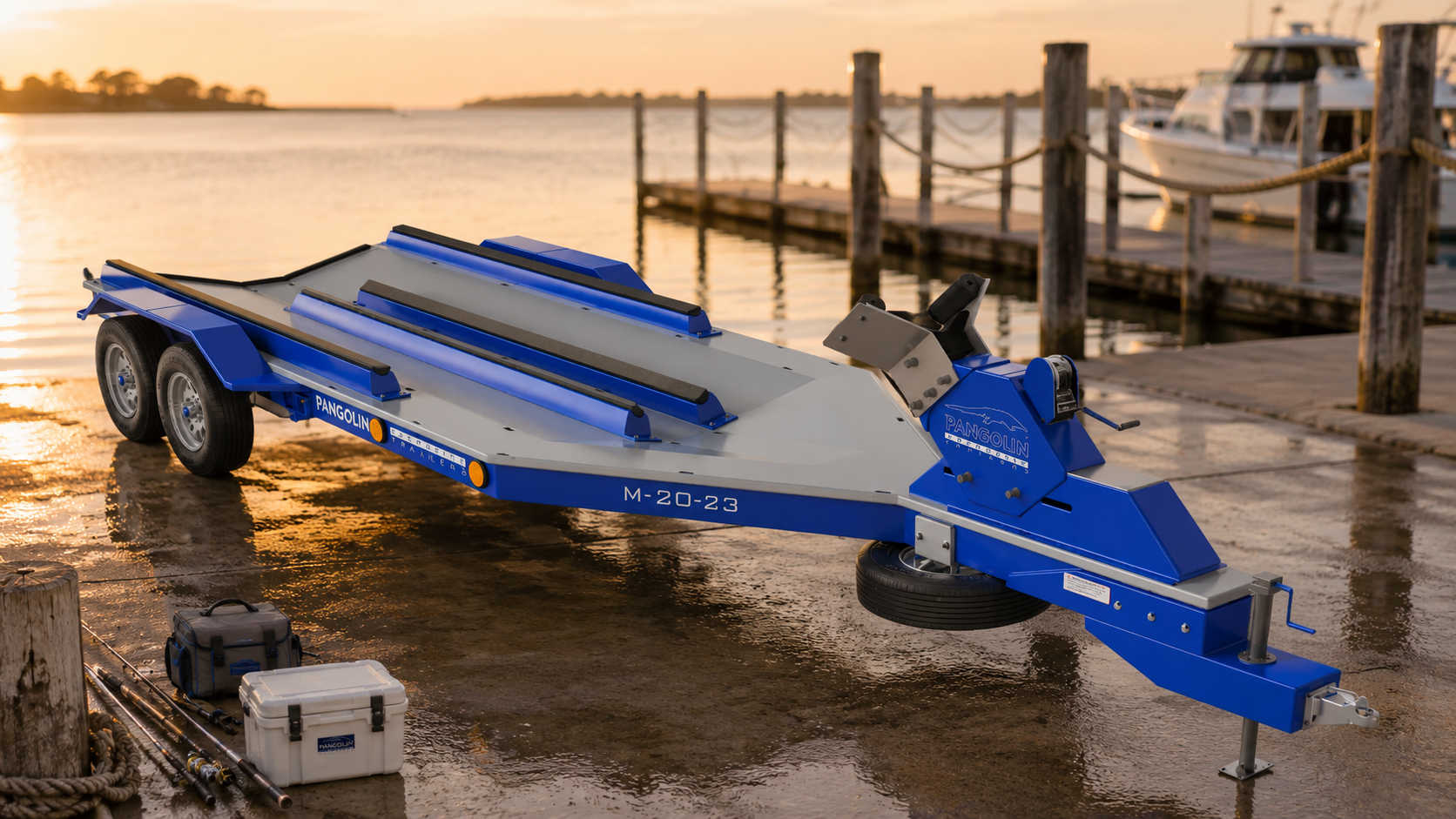 Pangolin Marine M20-23 composite boat trailer at a sunrise boat launch ramp