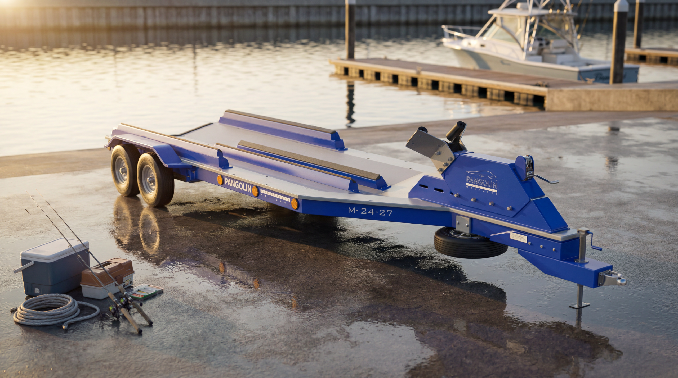 Pangolin Marine M24-27 composite boat trailer at an upscale marina launch ramp
