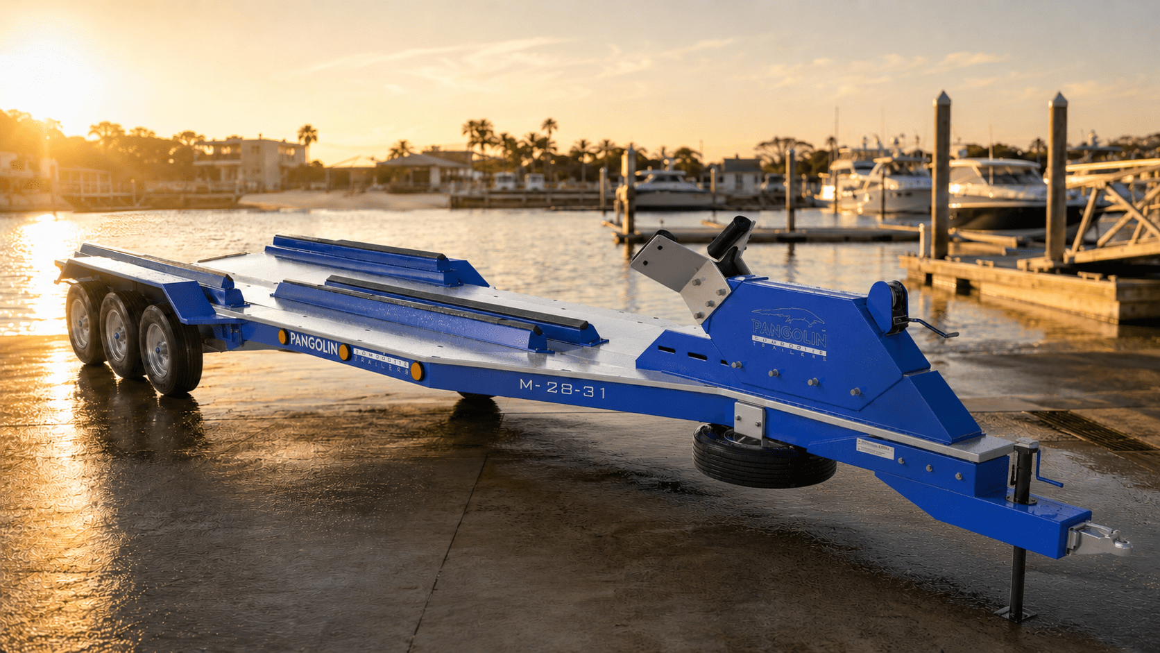 Pangolin Marine M28-31 composite boat trailer staged empty at a coastal marina