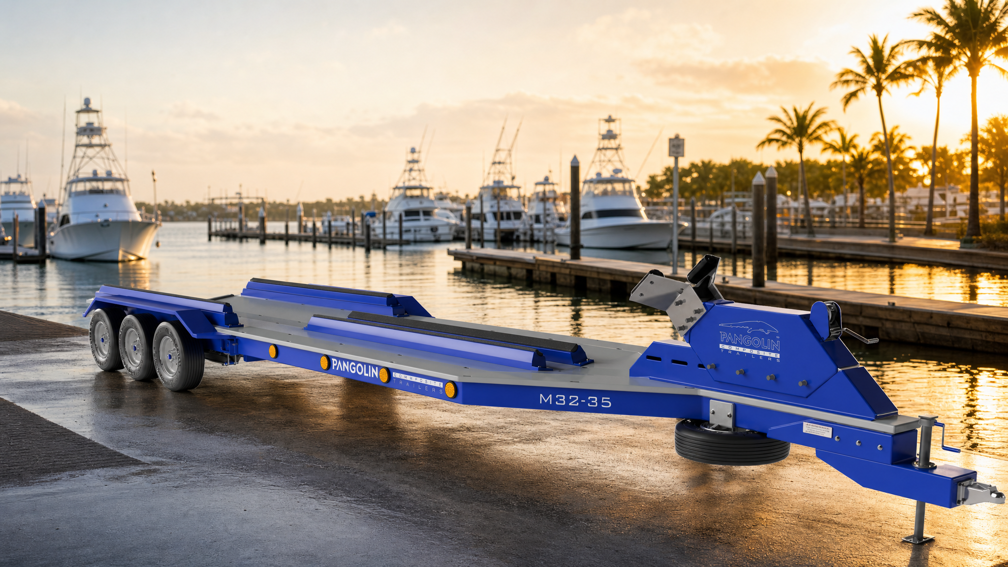 Pangolin Marine M32-35 composite boat trailer at a sportfishing marina