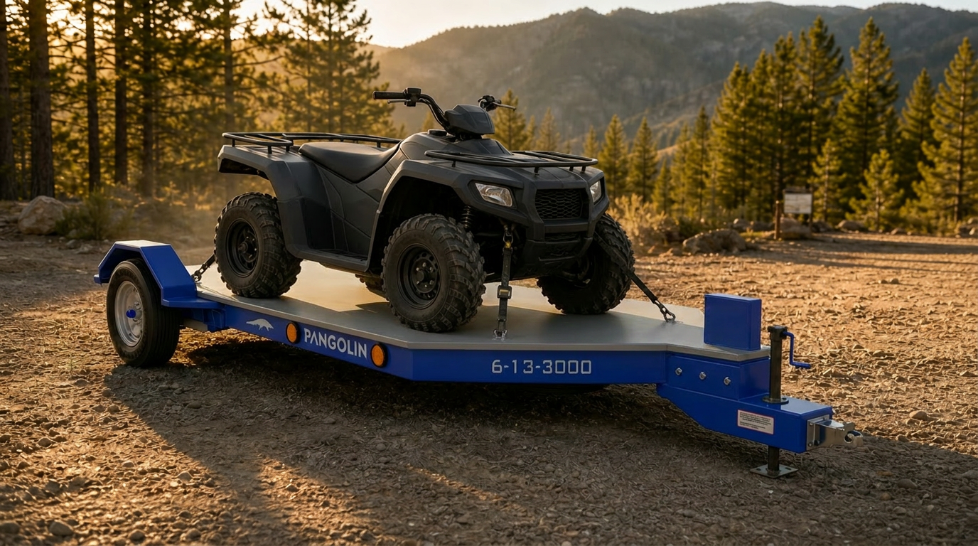 Pangolin Terra 13 composite utility trailer loaded with an ATV at a trailhead