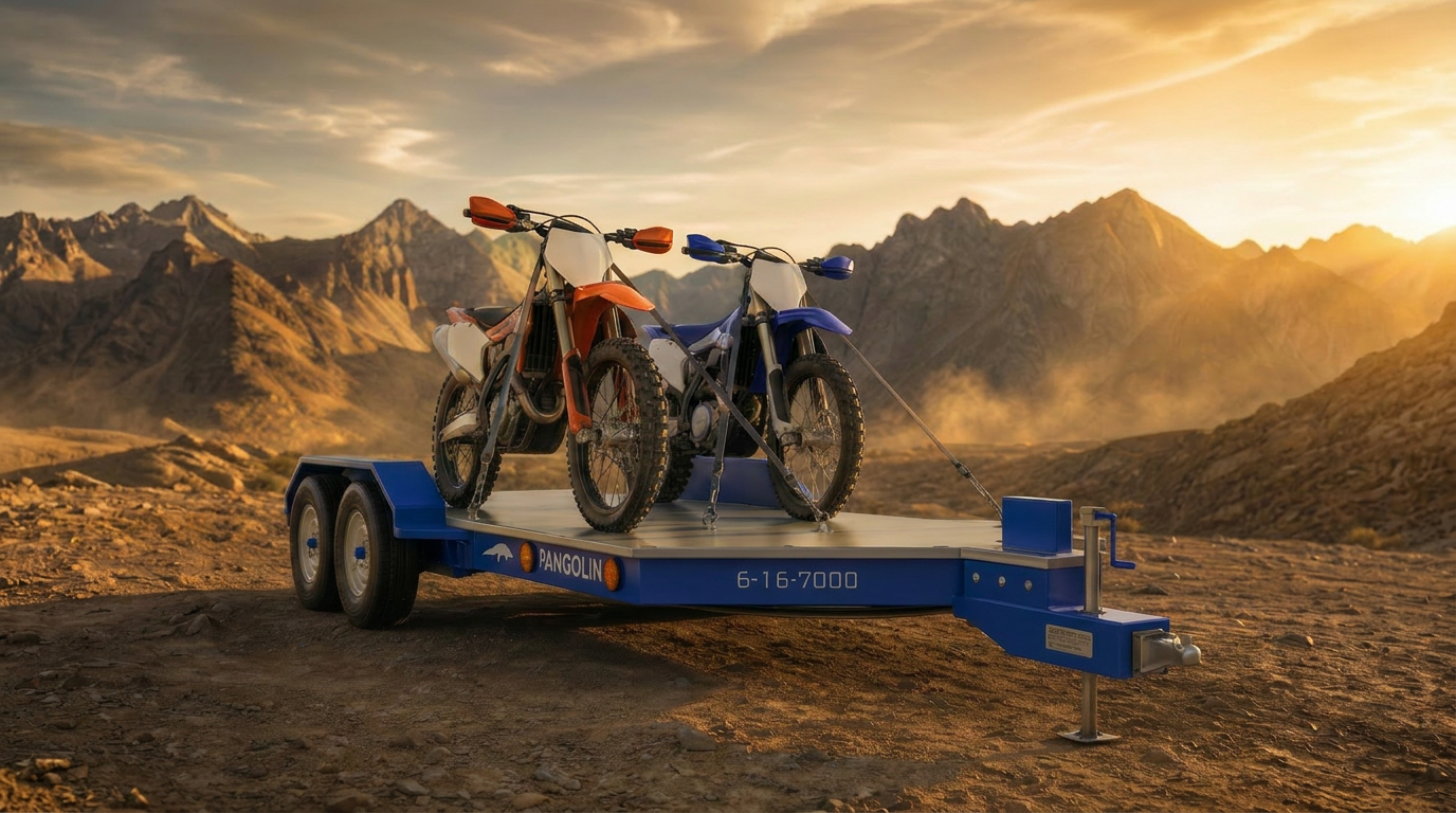 Pangolin Terra 16 composite utility trailer carrying two dirt bikes