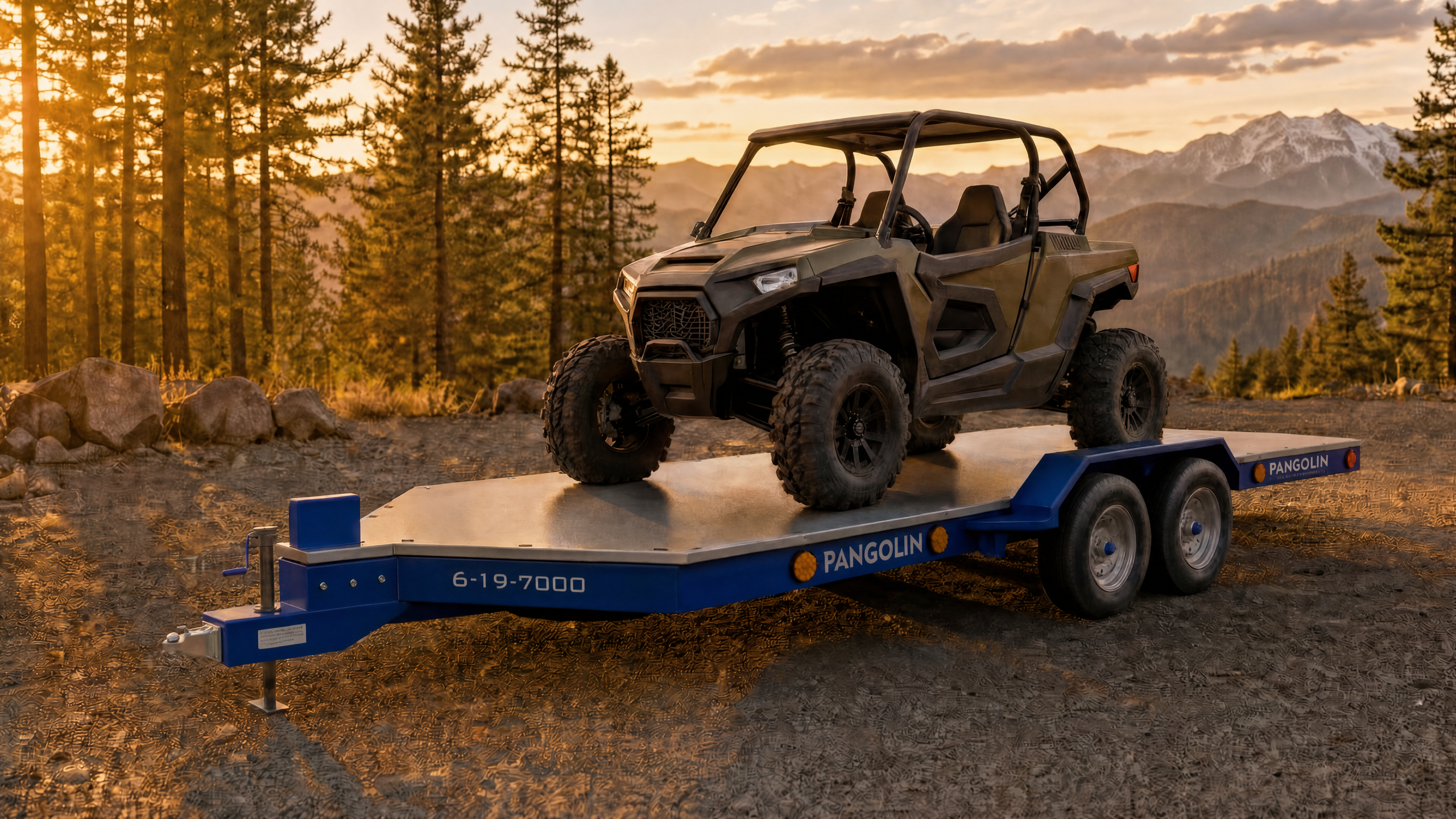 Pangolin Terra 19 composite utility trailer loaded with a compact UTV