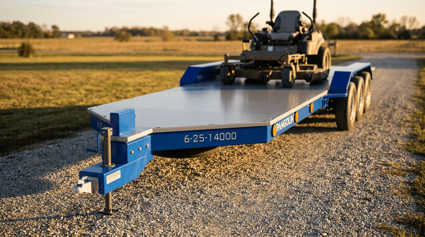 Pangolin Terra 25 composite utility trailer carrying a zero-turn mower